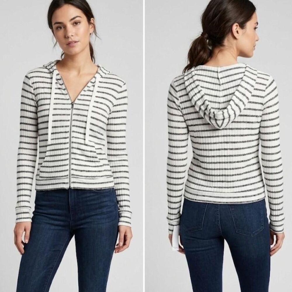 Iris-fashion Women's Black & White Striped Knit zip up hoodie Size M